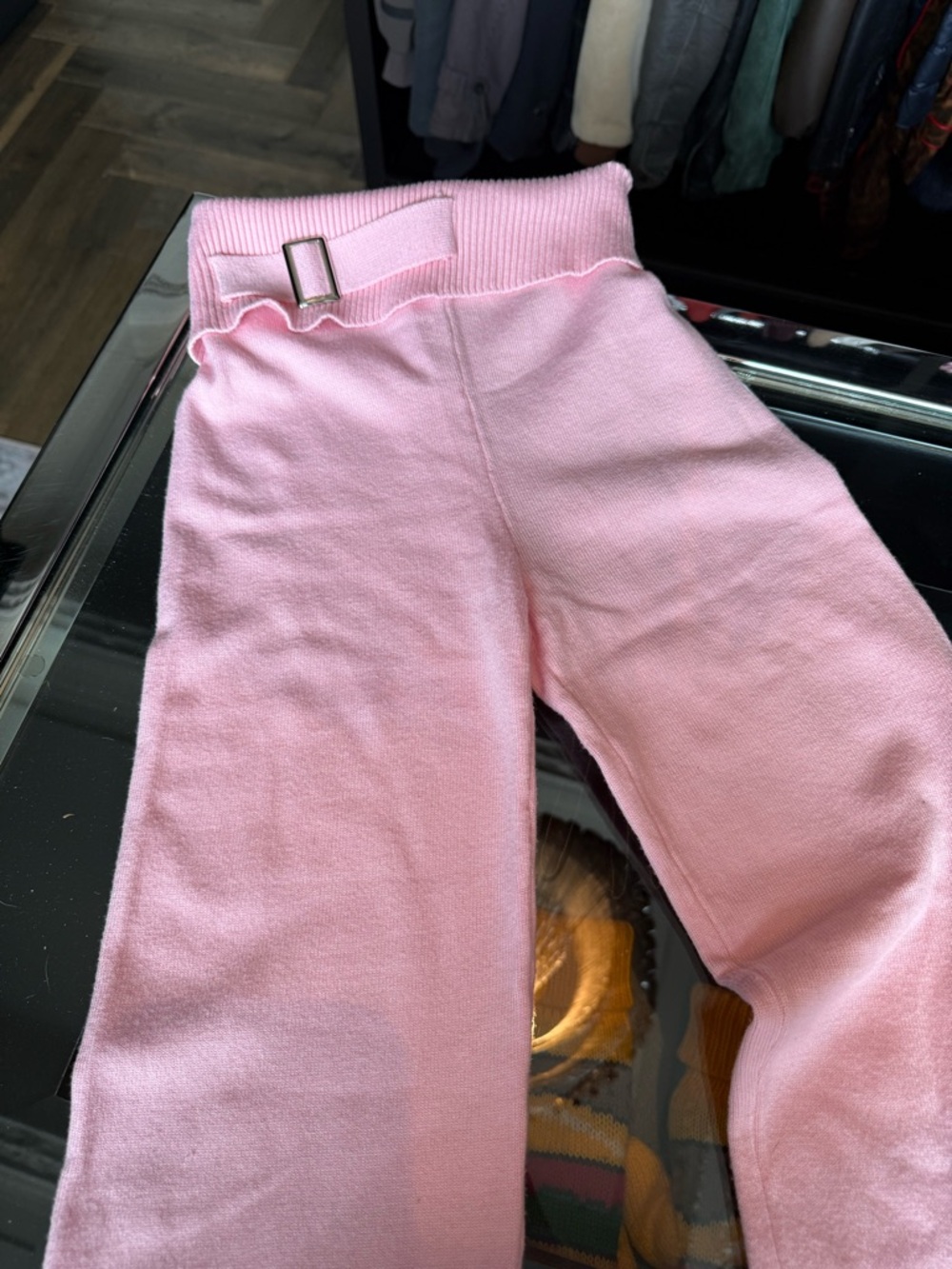 Pink Knit Fold-Over Pants w/ Buckle - Picture 2 of 2